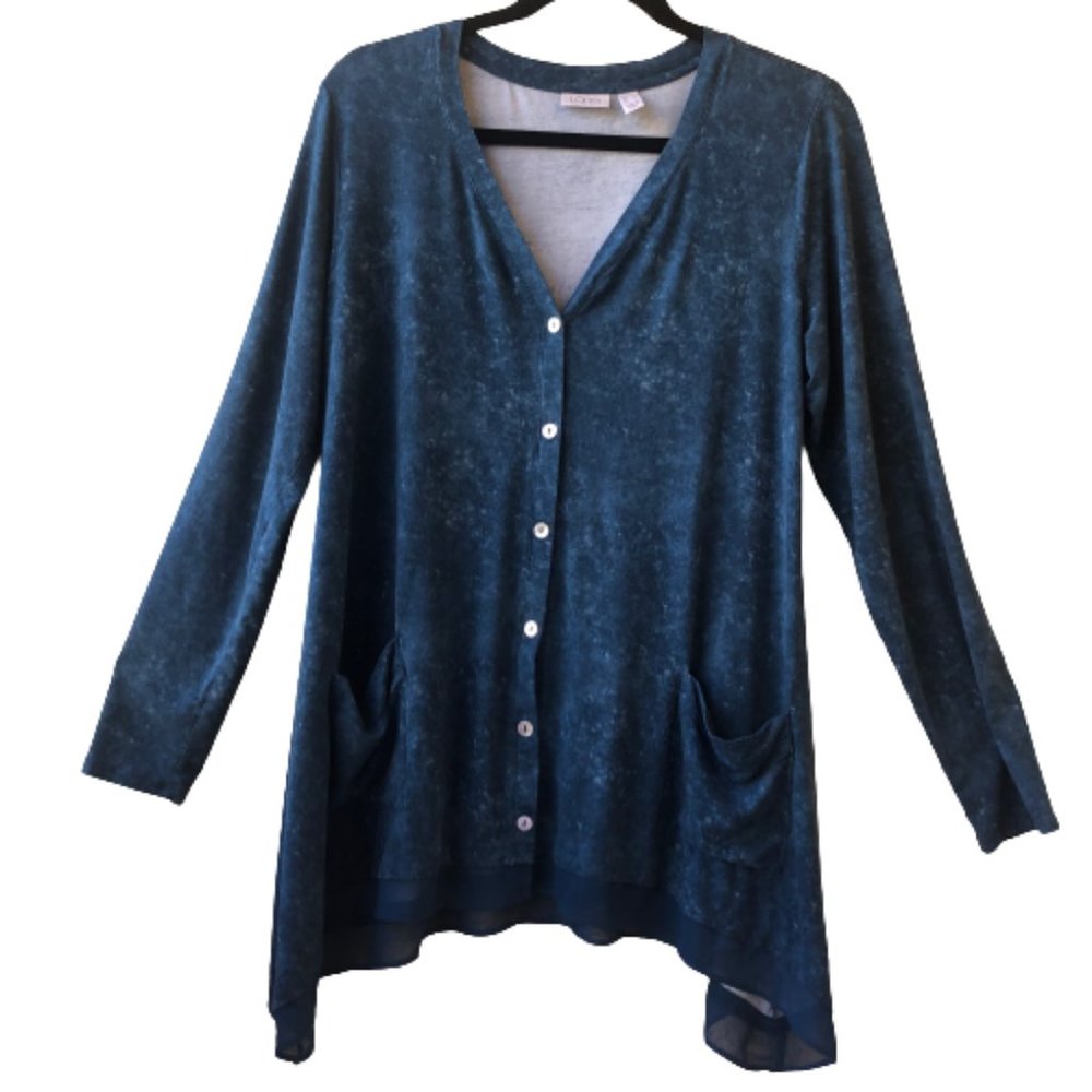 LOGO By Lori Goldstein Blue Cardigan Jacket Asymmetrical SHEER TRIM Women Medium